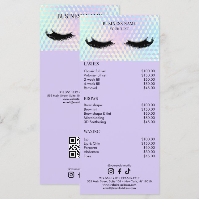 Holographic Lashes Salon Price List Menu (Front/Back)