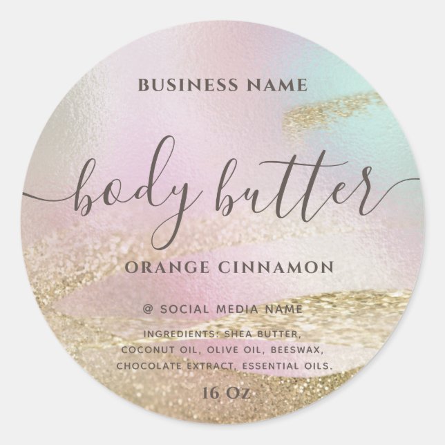 Holographic liquid glitter gold  modern script cla classic round sticker (Front)