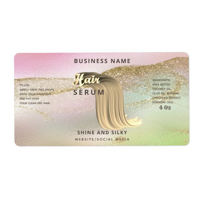 Holographic liquid gold elegant  hair serum label (Front)
