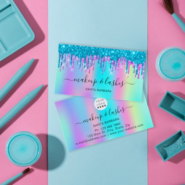 Holographic Logo QR Code Lash Makeup Hair Drips  Business Card (Holographic Logo QR Code Lash Makeup Hair Drips Business Card)