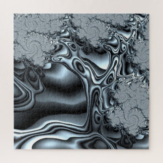 Holographic Look Fractal Tree in Silvery Blue Jigsaw Puzzle