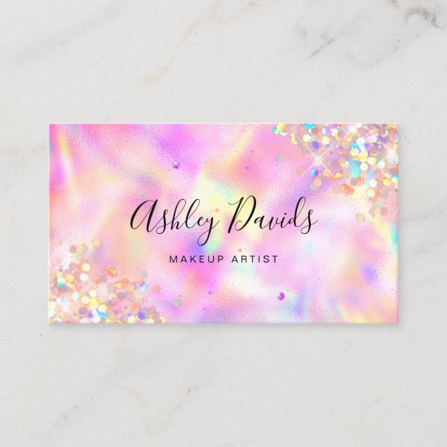 Holographic Luxury Glitter Makeup Artist QR Code Business Card (Front)