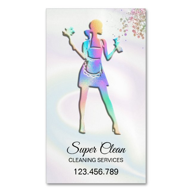 Holographic Maid Cleaning Cleaning Services Busine Magnetic Business Card (Front Vertical)