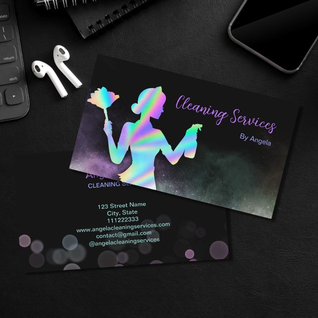 Holographic Maid Cleaning Services Sparkling Chic Business Card (Creator Uploaded)