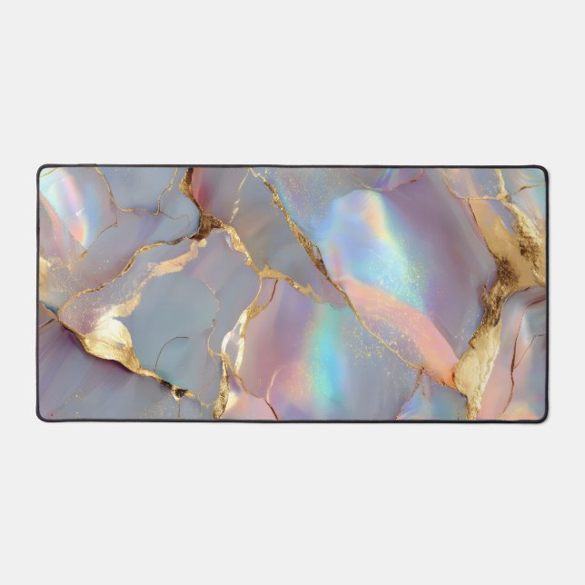 Holographic Marble Gold Abstract Art Desk Mat (Front)