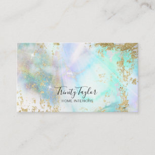 Holographic marble rainbow clouds & faux gold leaf business card