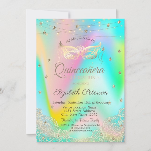 Holographic Masque,Lights,Lace,Stars Quinceañera Invitation (Front)