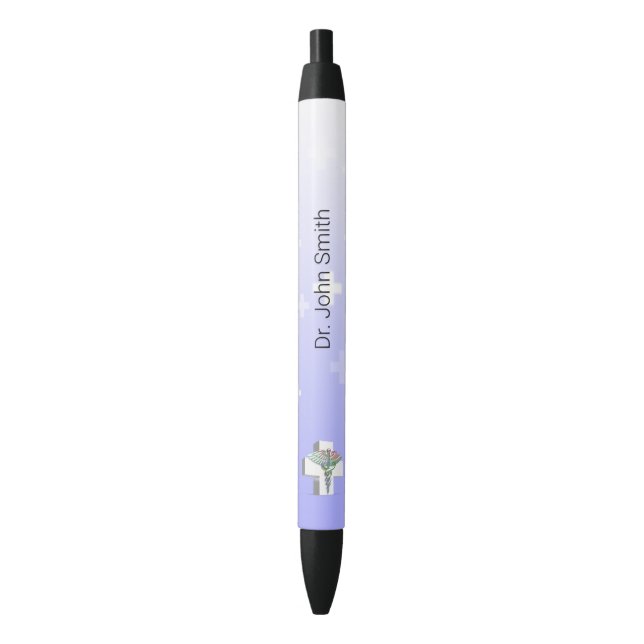 Holographic Medical 3D Caduceus White Cross Black Ink Pen (Front Vertical)