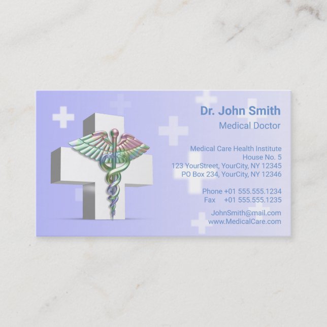 Holographic Medical 3D Caduceus White Cross Business Card (Front)