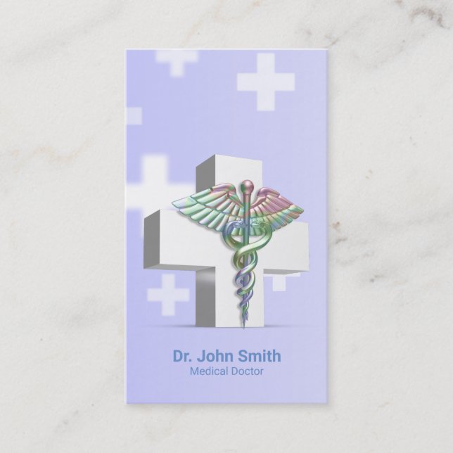 Holographic Medical 3D Caduceus White Cross Business Card (Front)