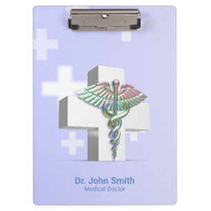 Holographic Medical 3D Caduceus White Cross Clipboard