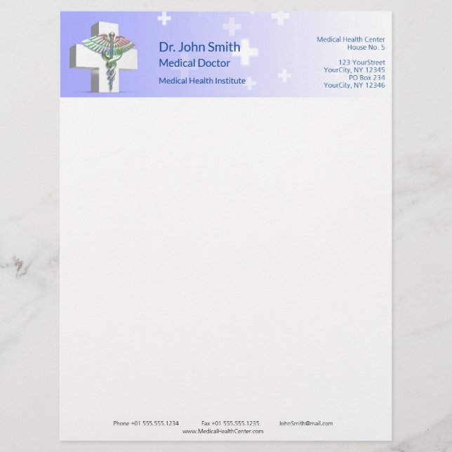 Holographic Medical 3D Caduceus White Cross Custom Letterhead (Front)