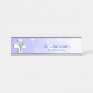 Holographic Medical 3D Caduceus White Cross Desk Name Plate