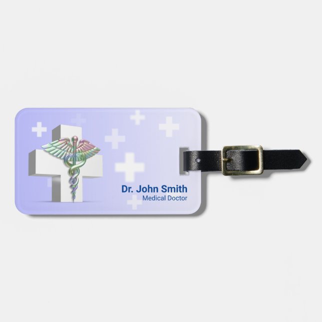 Holographic Medical 3D Caduceus White Cross Luggage Tag (Front Horizontal)