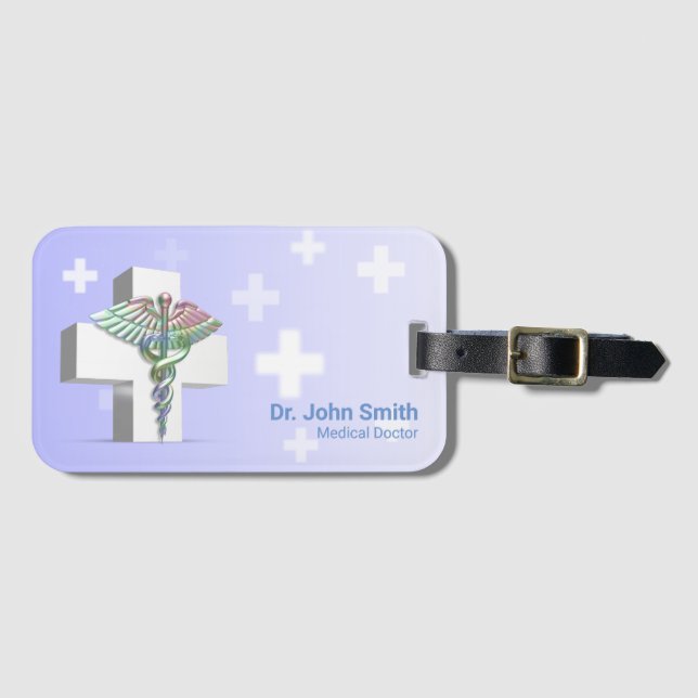 Holographic Medical 3D Caduceus White Cross Luggage Tag (Front Horizontal)