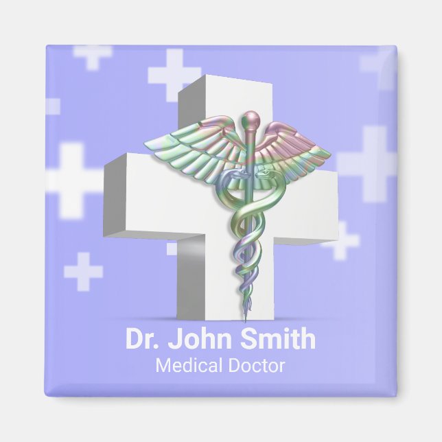 Holographic Medical 3D Caduceus White Cross Magnet (Front)