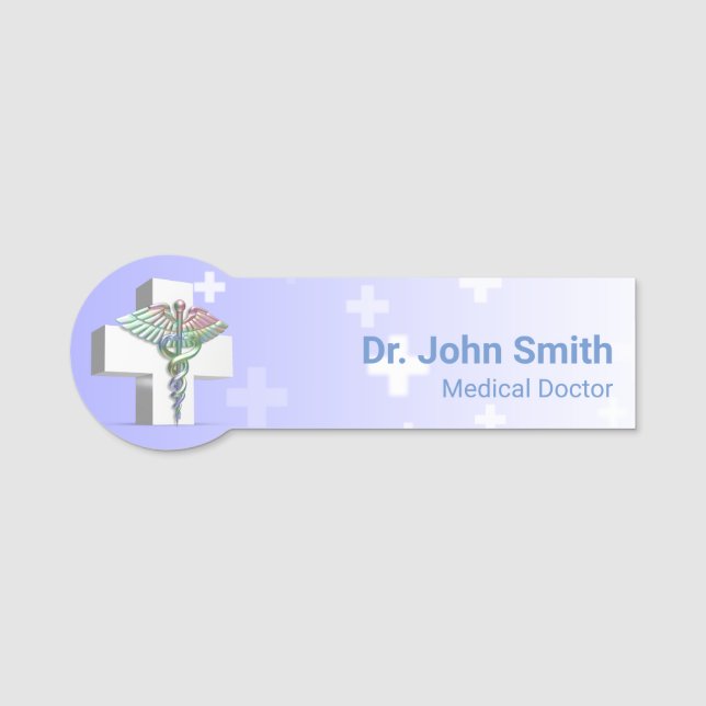 Holographic Medical 3D Caduceus White Cross Name Tag (Front)