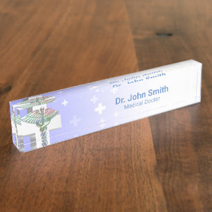 Holographic Medical 3D Caduceus White Cross Nameplate