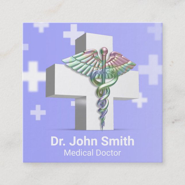Holographic Medical 3D Caduceus White Cross Square Business Card (Front)