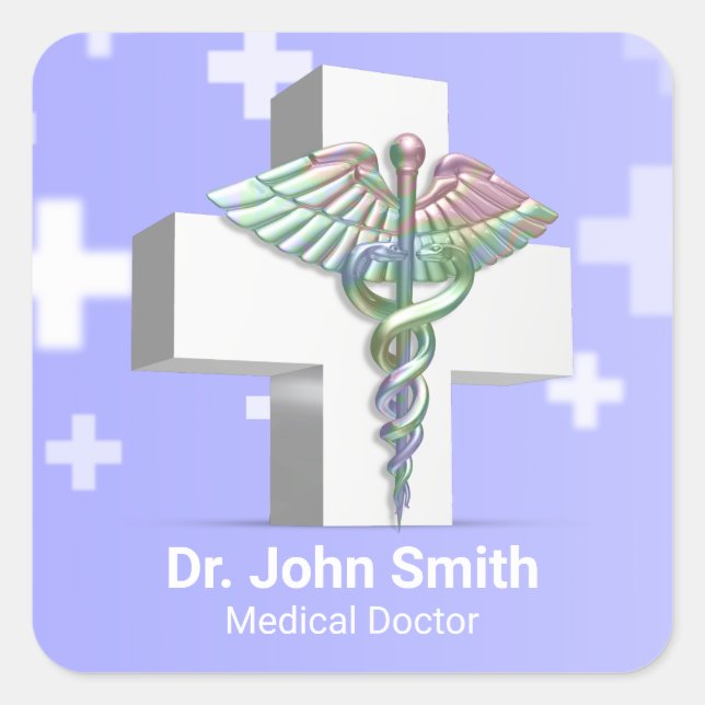 Holographic Medical 3D Caduceus White Cross Square Sticker (Front)