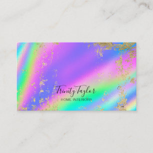 Holographic metallic rainbow & faux gold leaf business card
