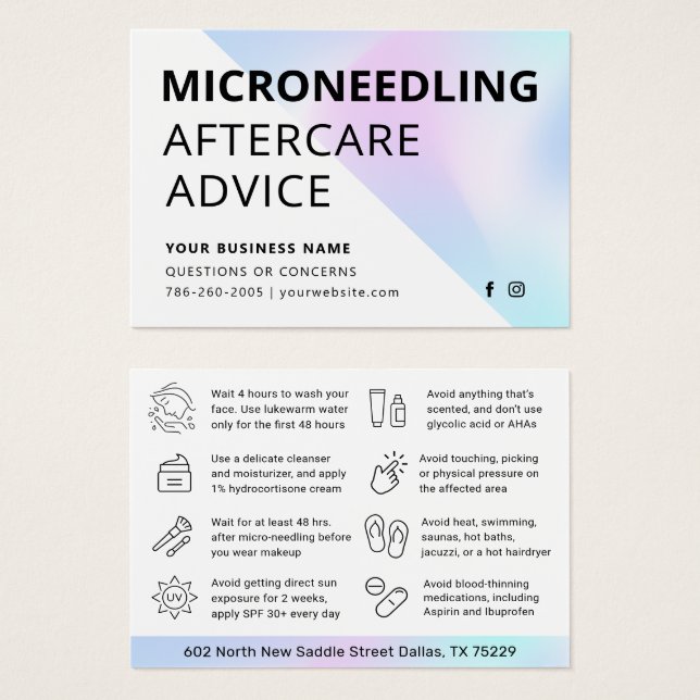 Holographic Microneedling Aftercare Advice Card (Front & Back)