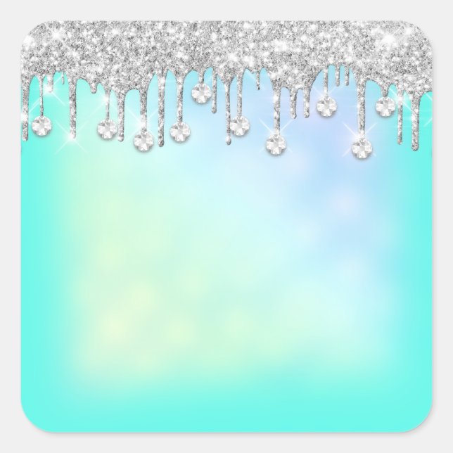 Holographic Mint Blue Diamond Drips Bridal Shower Square Sticker (Front)