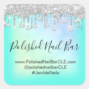 Holographic Mint Blue Diamond Drips Nail Bar Square Sticker