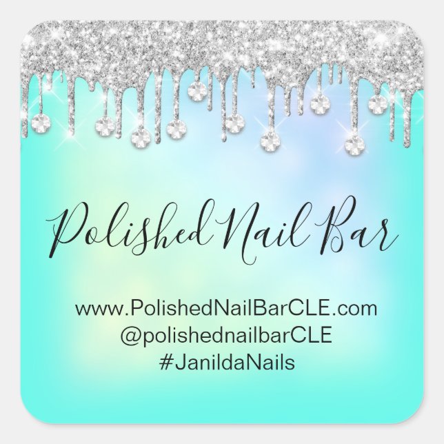 Holographic Mint Blue Diamond Drips Nail Bar Square Sticker (Front)