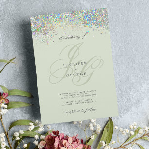 Holographic mint silver glitter initials wedding Invitation