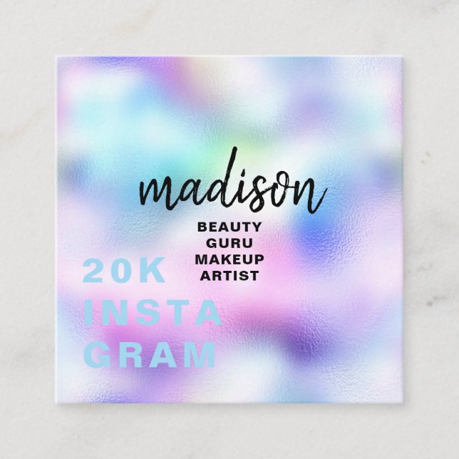 Holographic modern colourful beauty guru custom square business card (Front)