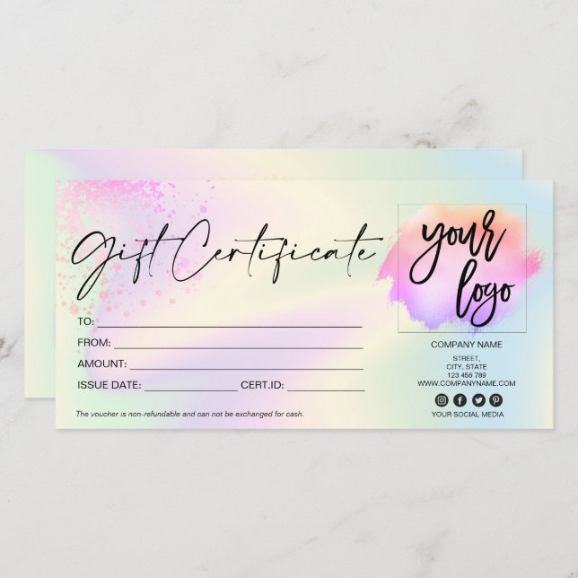 holographic modern gift card certificate add logo (Front/Back)