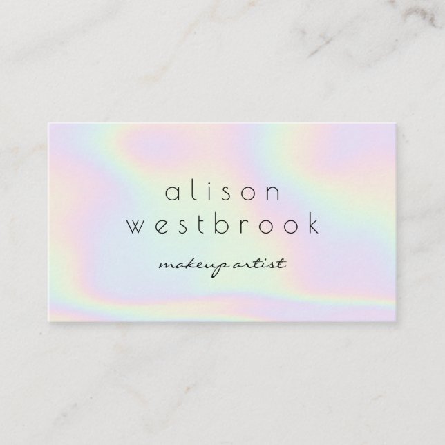 Holographic modern makeup artist pastel rainbow business card (Front)