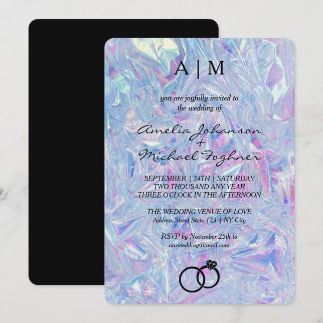 Holographic Modern Monogram Wedding Invitation  (Front/Back)