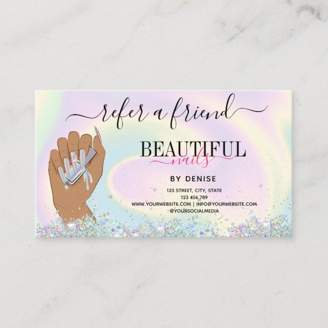 holographic nail salon woman hand nail technician  business card (Front)