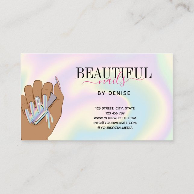 holographic nail salon woman hand nail technician  business card (Back)