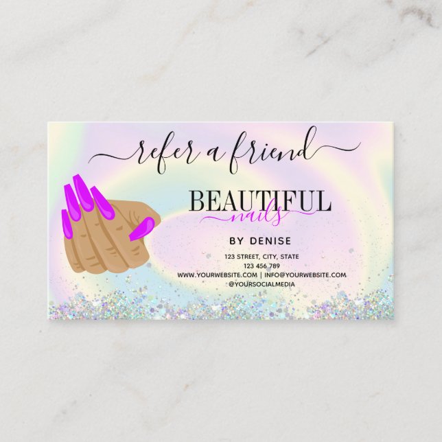 holographic nail salon woman hand nail technician  business card (Front)