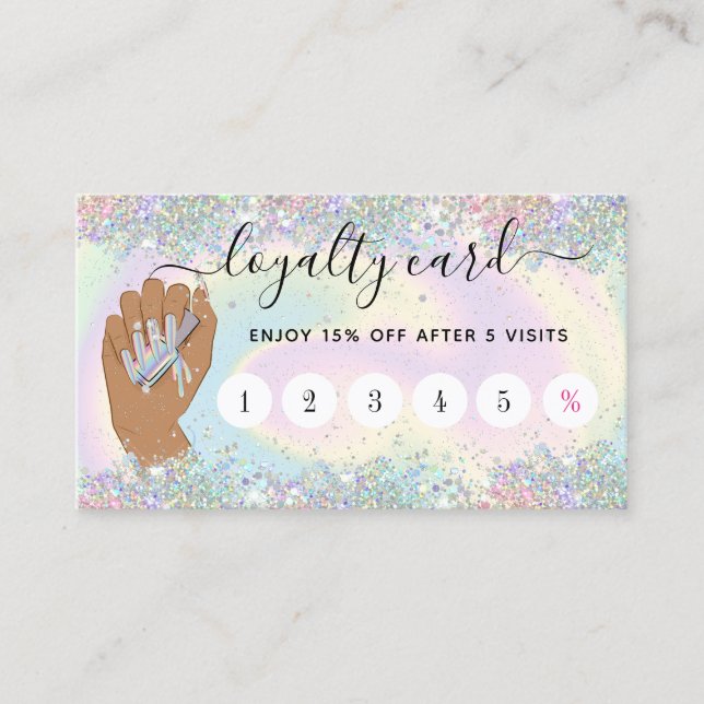 holographic nail salon woman hand nail technician  business card (Front)