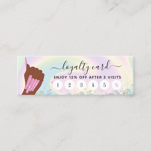 holographic nail salon woman hand nail technician  mini business card (Front)