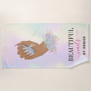 holographic nail salon woman hand nails technician beach towel