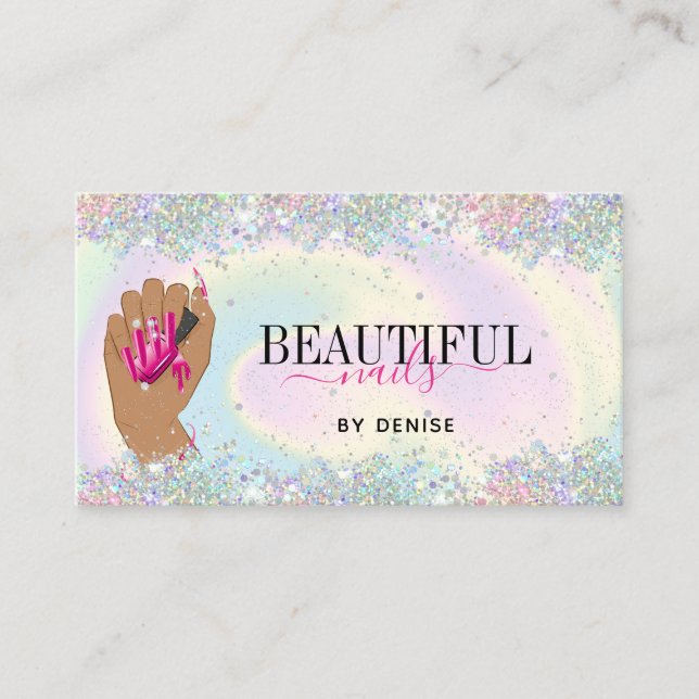 holographic nail salon woman hand nails technician business card (Front)