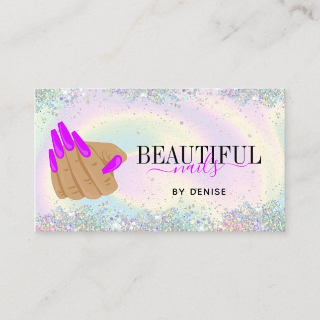 holographic nail salon woman hand nails technician business card (Front)