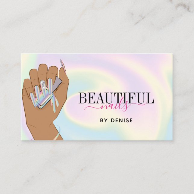 holographic nail salon woman hand nails technician business card (Front)