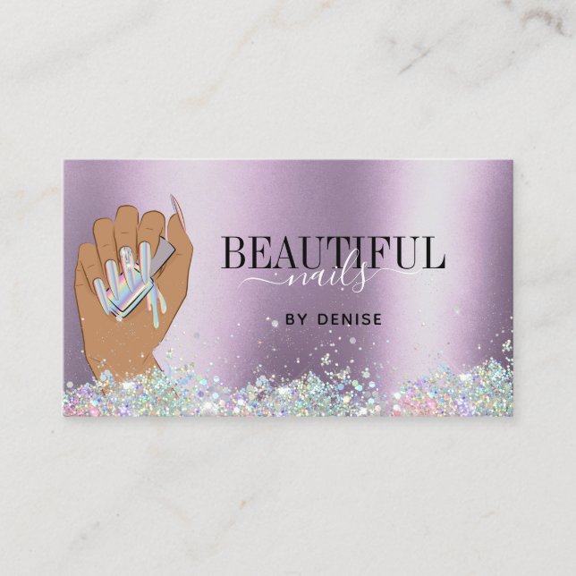 holographic nail salon woman hand nails technician business card (Front)