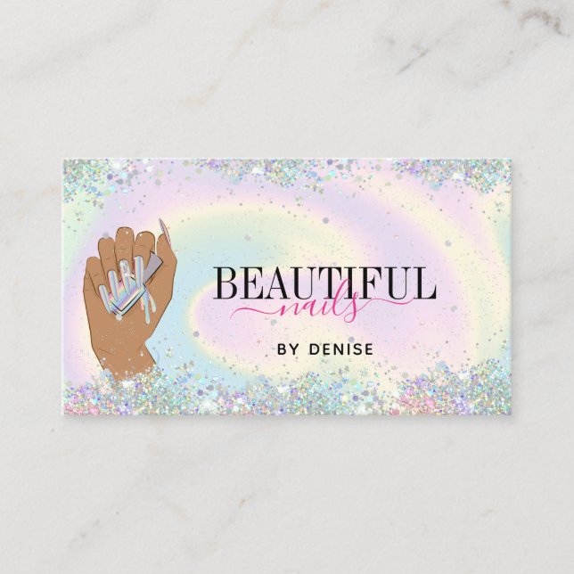 holographic nail salon woman hand nails technician business card (Front)