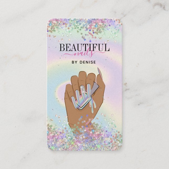 holographic nail salon woman hand nails technician business card (Front)