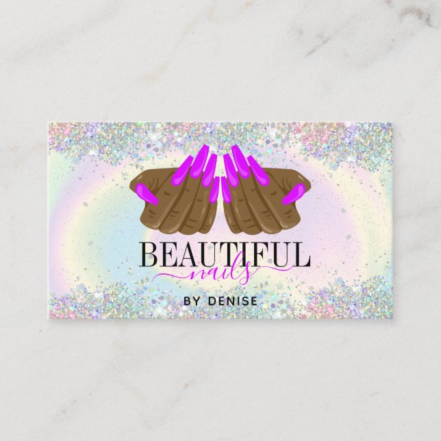 holographic nail salon woman hand nails technician business card (Front)