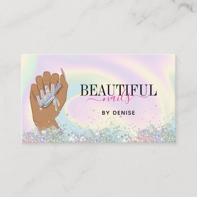 holographic nail salon woman hand nails technician business card (Front)