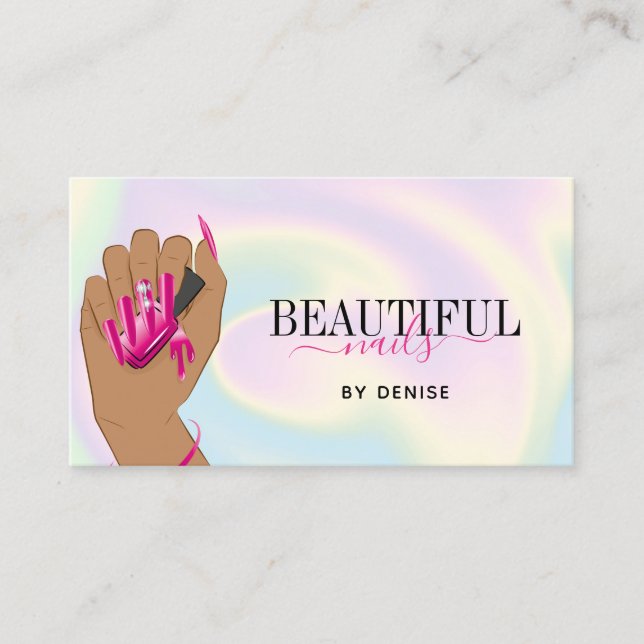 holographic nail salon woman hand nails technician business card (Front)