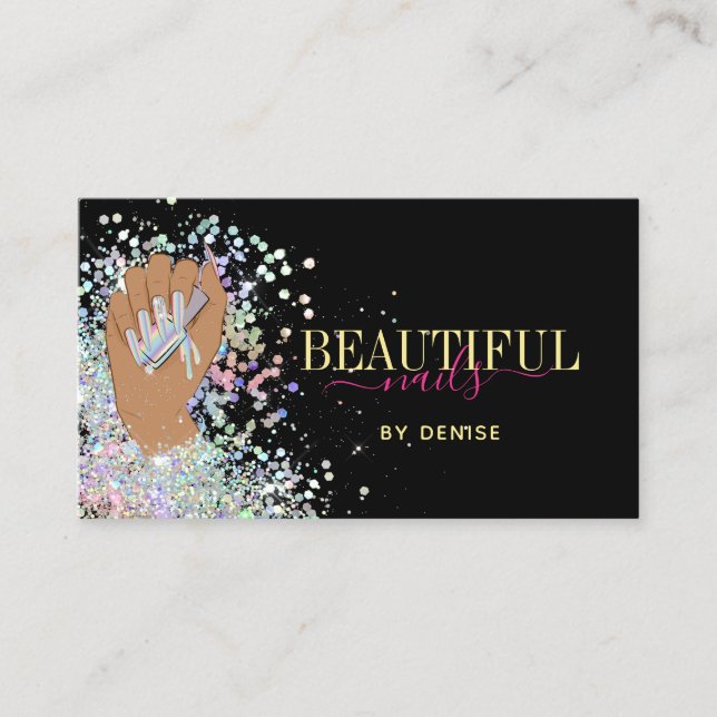 holographic nail salon woman hand nails technician business card (Front)
